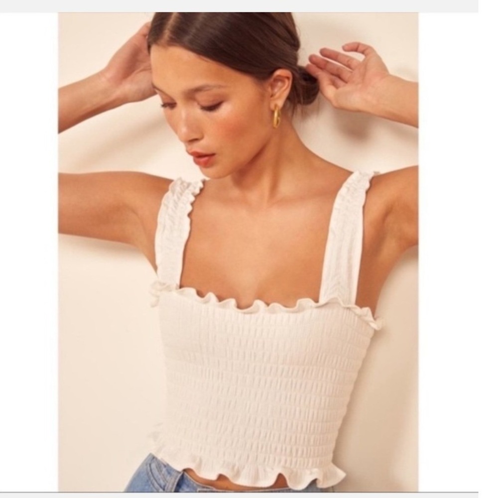 Reformation Jeans Top Large Cream Smocked Ruffle Strap Cropped Tank Leonkre